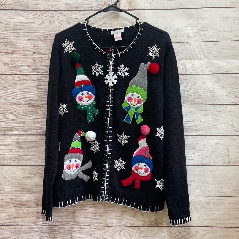 VINTAGE CRYSTAL-KOBE APPLIQUED AND EMBROIDERED SNOWMAN SWEATER IN BLACK